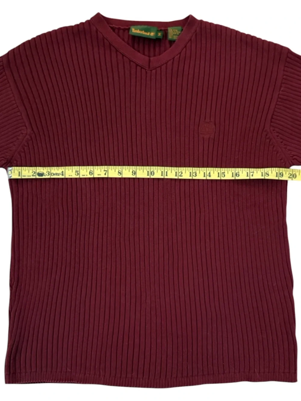 Vintage 2001 Timberland Rib Knit V Neck Sweater Burgundy Cotton Medium Y2K Logo